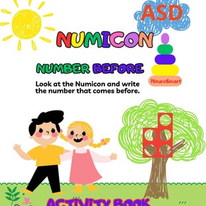 May include: A colorful activity book with a title that reads "NUMICON NUMBER BEFORE". The book features a cartoon illustration of a boy and girl standing next to a tree with a red and white block on it. The book is designed for children learning about numbers.
