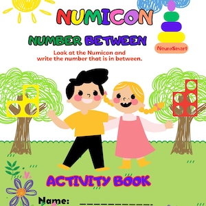 May include: A colorful activity book with a title that reads "NUMICON NUMBER BETWEEN". The book features a cartoon illustration of two children standing next to each other. The book is designed for children to learn about numbers.