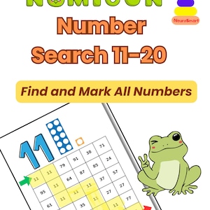 May include: A worksheet with the title "NUMICON Number Search 11-20" featuring a grid of numbers. The goal is to find and mark all numbers. A cartoon frog gives a peace sign. The worksheet is designed for educational purposes.