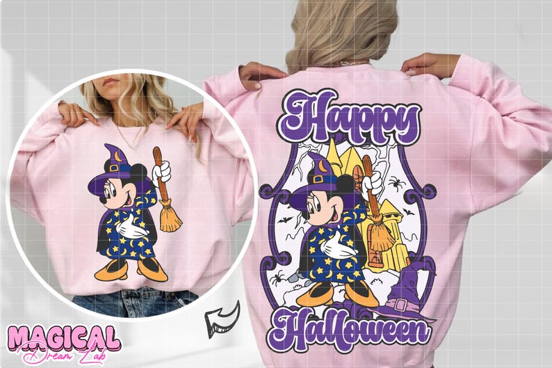 May include: Pink sweatshirt featuring a cartoon Mickey Mouse dressed as a witch, holding a broom. The back of the sweatshirt has a graphic with the words "Happy Halloween". The design includes a haunted house and a witch's hat.