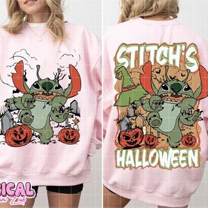 May include: Pink sweatshirt featuring a Halloween-themed Stitch graphic. The front shows Stitch with pumpkins and tombstones. The back displays "Stitch's Halloween" with Stitch, a witch hat, and bats. The sweatshirt has long sleeves.
