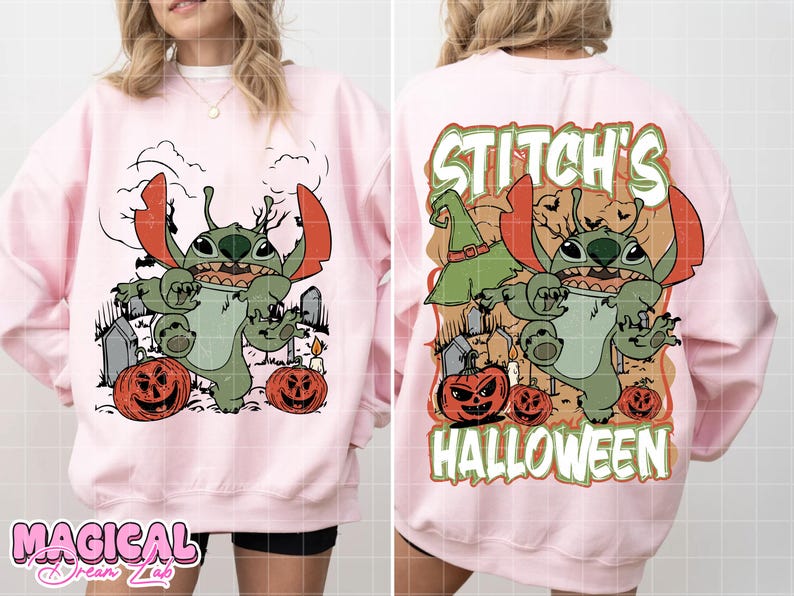 May include: Pink sweatshirt featuring a Halloween-themed Stitch graphic. The front shows Stitch with pumpkins and tombstones. The back displays "Stitch's Halloween" with Stitch, a witch hat, and bats. The sweatshirt has long sleeves.