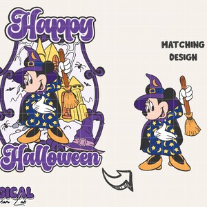 May include: A cartoon image of Minnie Mouse dressed as a witch, holding a broom, with the words "Happy Halloween" in purple. The design includes a matching design of Minnie Mouse in a witch costume.