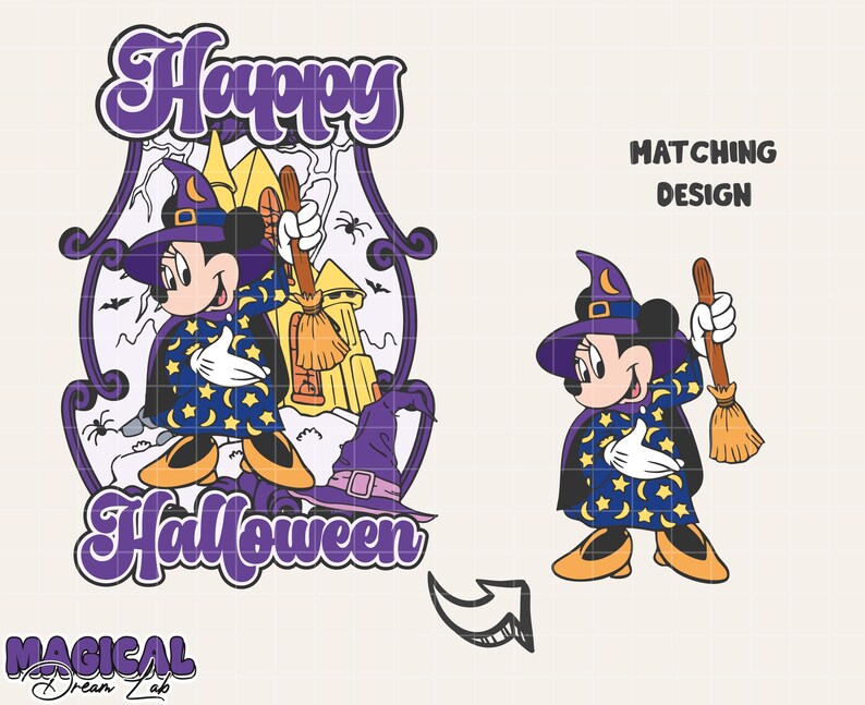 May include: A cartoon image of Minnie Mouse dressed as a witch, holding a broom, with the words "Happy Halloween" in purple. The design includes a matching design of Minnie Mouse in a witch costume.