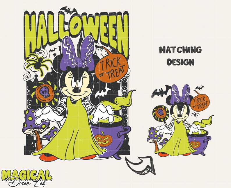 Może przedstawiać: Grafika na Halloween z Minnie Mouse przebraną za czarownicę, ze słowem "HALLOWEEN" w wyblakłych zielonych literach. Projekt zawiera nietoperze, dynie i kocioł, z tekstem "Trick or Treat" na dyni.