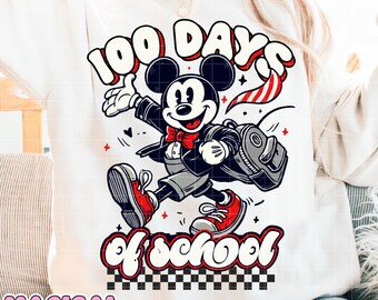 Mickey 100 dni szkoły Png, Wesołych 100 dni szkoły Png, Prezent dla dziecka do szkoły Png, Retro kreskówka na 100. dzień, Powrót do szkoły w kratkę Png