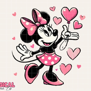 Puede incluir: Ilustraci&oacute;n de dibujos animados de Minnie Mouse con un vestido negro y una falda rosa con lunares, sosteniendo un globo en forma de coraz&oacute;n rosa. Tiene un lazo rosa y est&aacute; rodeada de corazones rosas. El texto "MAGICAL Dream Lab" est&aacute; en la parte inferior.