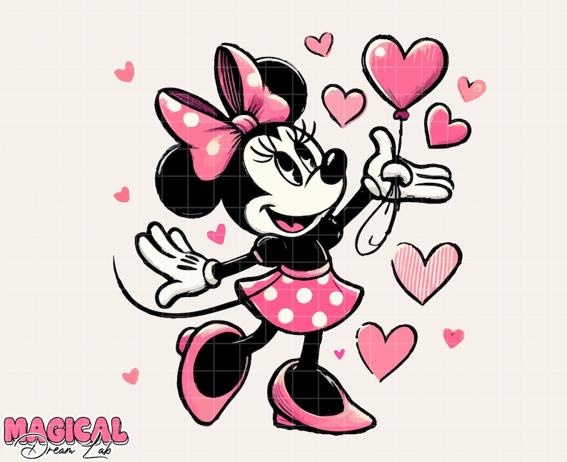 Puede incluir: Ilustraci&oacute;n de dibujos animados de Minnie Mouse con un vestido negro y una falda rosa con lunares, sosteniendo un globo en forma de coraz&oacute;n rosa. Tiene un lazo rosa y est&aacute; rodeada de corazones rosas. El texto "MAGICAL Dream Lab" est&aacute; en la parte inferior.