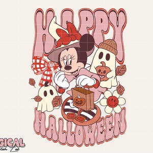 K&ouml;nnte beinhalten: Retro-Grafik mit Minnie Maus zum Thema Halloween. Minnie tr&auml;gt einen Hexenhut und h&auml;lt eine T&uuml;te mit S&uuml;&szlig;igkeiten. Das Bild zeigt Geister, K&uuml;rbisse und den Schriftzug "Happy Halloween" in Rosa.