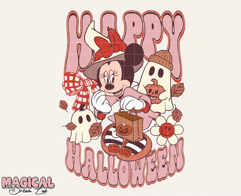 K&ouml;nnte beinhalten: Retro-Grafik mit Minnie Maus zum Thema Halloween. Minnie tr&auml;gt einen Hexenhut und h&auml;lt eine T&uuml;te mit S&uuml;&szlig;igkeiten. Das Bild zeigt Geister, K&uuml;rbisse und den Schriftzug "Happy Halloween" in Rosa.