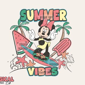 May include: A colorful illustration of a cartoon mouse character riding a surfboard with a watermelon design. The mouse is wearing a yellow swimsuit and a red bow. The text "SUMMER VIBES" is written in a colorful font below the mouse.