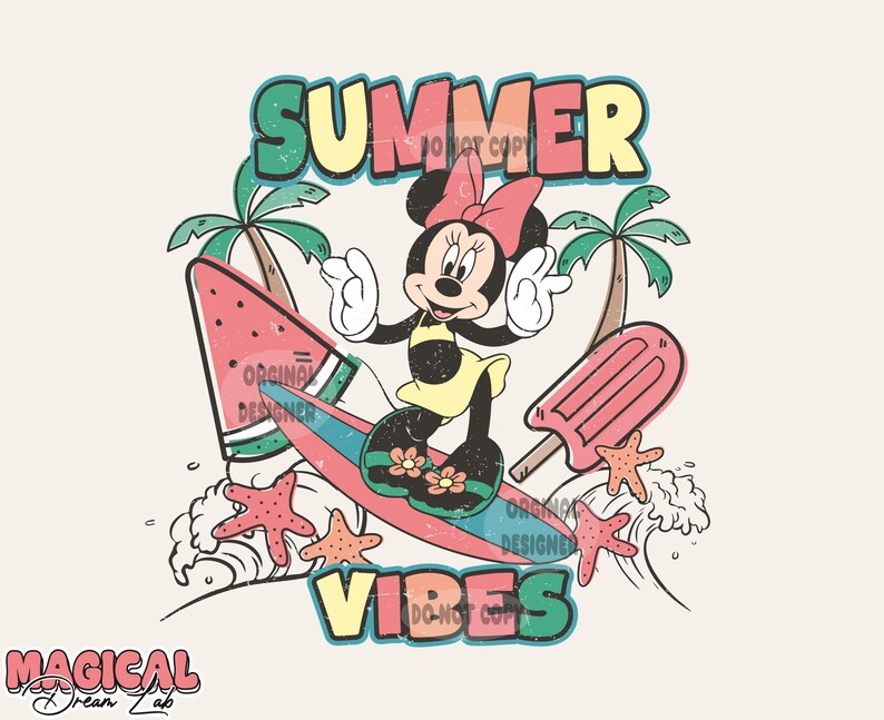 May include: A colorful illustration of a cartoon mouse character riding a surfboard with a watermelon design. The mouse is wearing a yellow swimsuit and a red bow. The text "SUMMER VIBES" is written in a colorful font below the mouse.