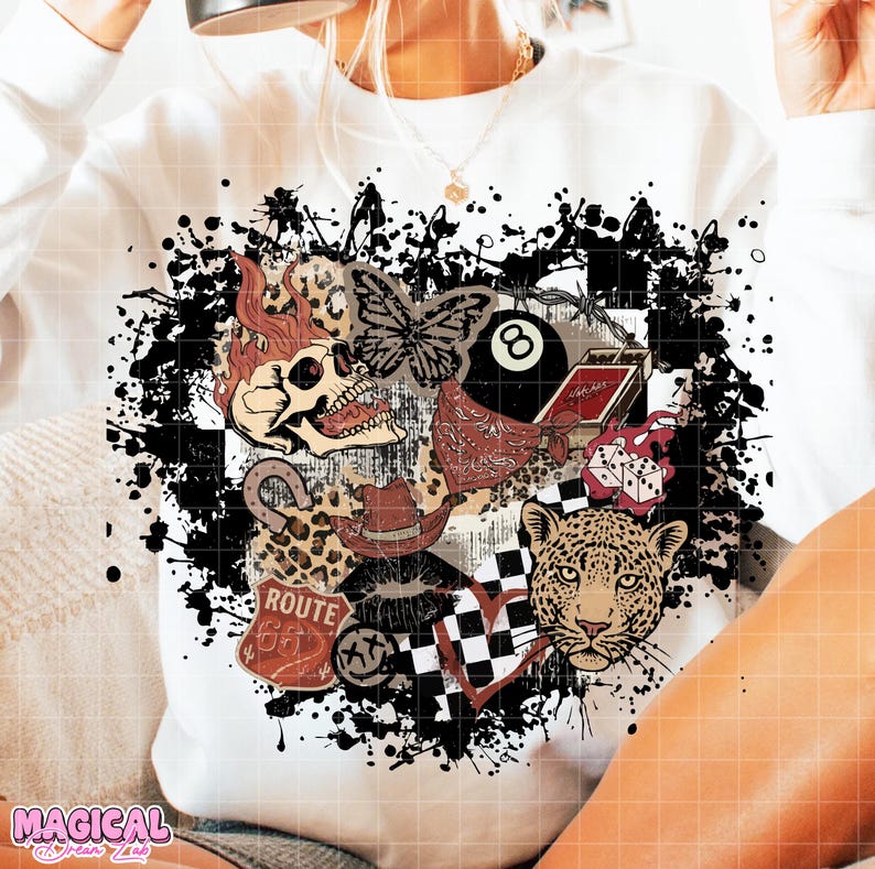 May include: White sweatshirt with a graphic design featuring a skull, butterfly, leopard, Route 66 sign, and other elements. The design is surrounded by black paint splatters and a checkered pattern.