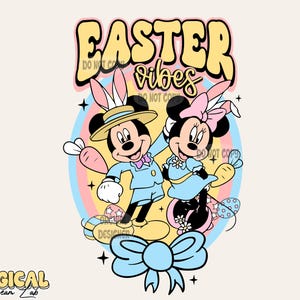 May include: Mickey Mouse and Minnie Mouse dressed in Easter outfits with bunny ears and holding carrots. The background is a rainbow swirl with the text "Easter vibes".