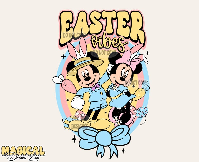 May include: Mickey Mouse and Minnie Mouse dressed in Easter outfits with bunny ears and holding carrots. The background is a rainbow swirl with the text "Easter vibes".
