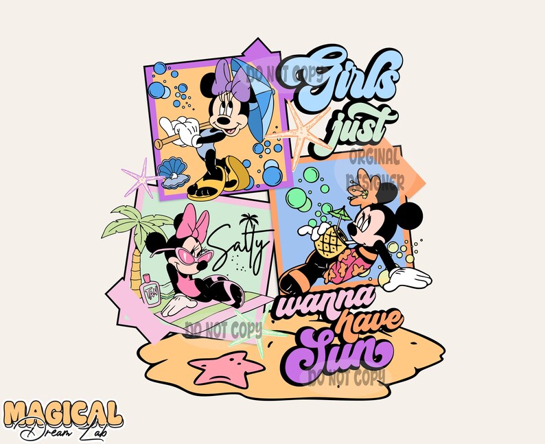 May include: A colorful illustration featuring Mickey Mouse and Minnie Mouse in various summer scenes. The text "Girls Just Wanna Have Sun" is featured in a bright pink and yellow font.