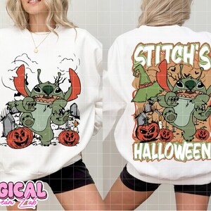 May include: White sweatshirt featuring a Halloween-themed graphic of Stitch, with orange pumpkins and a graveyard scene. The front design shows Stitch with pumpkins, while the back says "Stitch's Halloween". A fun, festive design for the spooky season.