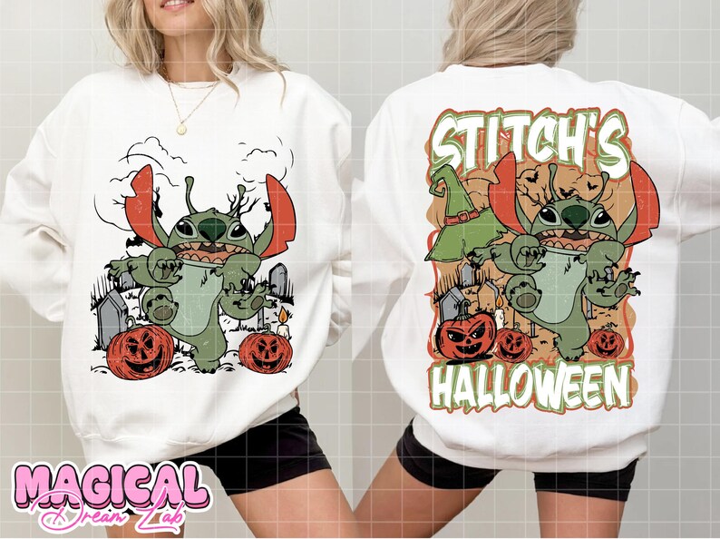 May include: White sweatshirt featuring a Halloween-themed graphic of Stitch, with orange pumpkins and a graveyard scene. The front design shows Stitch with pumpkins, while the back says "Stitch's Halloween". A fun, festive design for the spooky season.