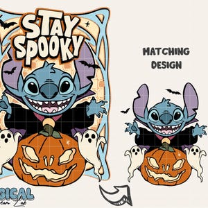 May include: A Halloween-themed graphic featuring a blue alien character in a vampire costume, smiling over a carved orange pumpkin. The text "Stay Spooky" is above the character. Two white ghosts flank the pumpkin, with bats in the background.