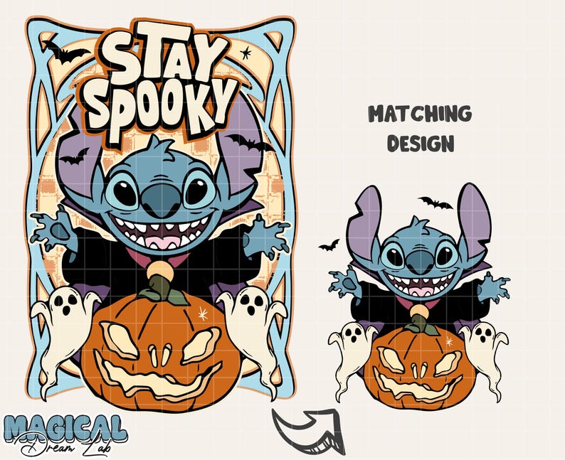 May include: A Halloween-themed graphic featuring a blue alien character in a vampire costume, smiling over a carved orange pumpkin. The text "Stay Spooky" is above the character. Two white ghosts flank the pumpkin, with bats in the background.