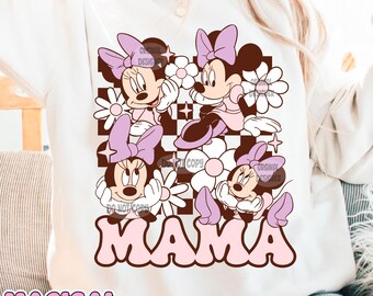 May include: White sweatshirt with a graphic design featuring four cartoon Minnie Mouse characters in pink and purple with the word "MAMA" in pink letters.