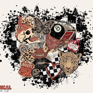 May include: A collage of graphic elements including a skull with flames, a butterfly, an 8-ball, a bandana, dice, a leopard, a cowboy hat, and a Route 66 sign. The design is set against a black and white checkered background with black paint splatters.