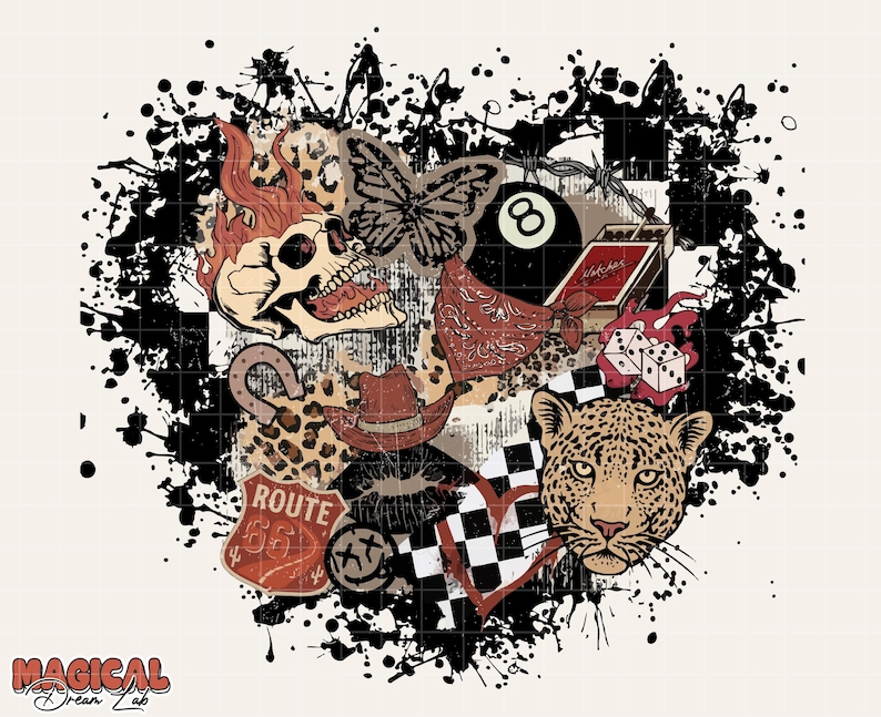 May include: A collage of graphic elements including a skull with flames, a butterfly, an 8-ball, a bandana, dice, a leopard, a cowboy hat, and a Route 66 sign. The design is set against a black and white checkered background with black paint splatters.