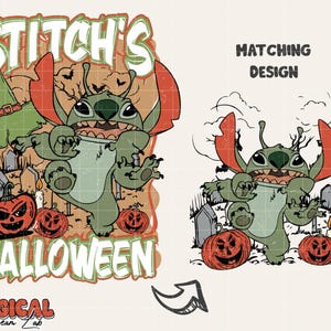 May include: A Halloween-themed graphic featuring Stitch from Lilo & Stitch. The design includes Stitch in a spooky pose, jack-o'-lanterns, a witch's hat, and the text "Stitch's Halloween". A matching design is also shown.