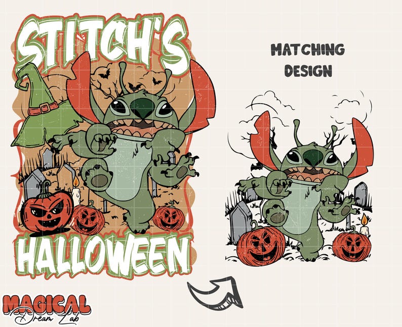 May include: A Halloween-themed graphic featuring Stitch from Lilo & Stitch. The design includes Stitch in a spooky pose, jack-o'-lanterns, a witch's hat, and the text "Stitch's Halloween". A matching design is also shown.