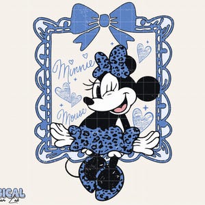 May include: A vintage-style illustration of Minnie Mouse in a blue leopard print dress and bow, framed by a blue scalloped border and bow. The words "Minnie Mouse" are written in cursive within the frame, with hearts and stars accents. The image has a distressed, aged look.