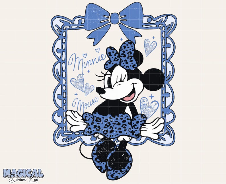 May include: A vintage-style illustration of Minnie Mouse in a blue leopard print dress and bow, framed by a blue scalloped border and bow. The words "Minnie Mouse" are written in cursive within the frame, with hearts and stars accents. The image has a distressed, aged look.