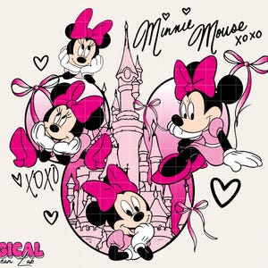 May include: A pink and black Minnie Mouse graphic with the text "Minnie Mouse xoxo" and the words "Magical Dream Lab". The image features Minnie Mouse in various poses, wearing pink bows and dresses, with a pink castle in the background.