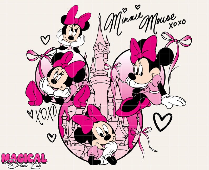 May include: A pink and black Minnie Mouse graphic with the text "Minnie Mouse xoxo" and the words "Magical Dream Lab". The image features Minnie Mouse in various poses, wearing pink bows and dresses, with a pink castle in the background.