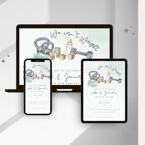 Peut inclure: Une invitation num&eacute;rique pour une f&ecirc;te pr&eacute;natale avec un th&egrave;me bleu et vert. L'invitation pr&eacute;sente un halt&egrave;re, un kettlebell et un biberon. Le texte sur l'invitation indique "We can't weight" et "Join us to celebrate Luke & Jenna's new gym partner". La date de l'&eacute;v&eacute;nement est le 30.11.2025.
