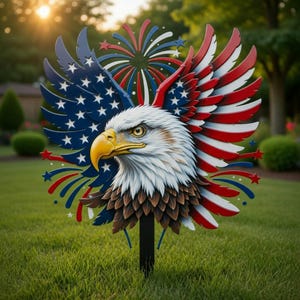 Puede incluir: Una estaca de jardín patriótica con una detallada cabeza de águila calva con pico amarillo y ojos penetrantes. Las alas y los elementos circundantes están pintados en rojo, blanco y azul, con estrellas y rayas, creando una pieza decorativa festiva.
