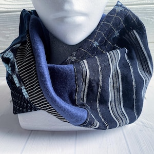 Vintage Japanese Indigo Patchwork Snood – Unisex Neck Warmer, Soft Sweat Lining, One of a Kind,japanese fabric, aizome fabric,