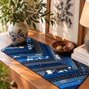 Peut inclure: Un chemin de table rectangulaire en tissu composé d'un assemblage de divers textiles à motifs bleus et blancs disposés en chevrons. Le chemin de table présente des nuances variées de bleu marine, bleu roi et bleu clair avec des imprimés floraux.