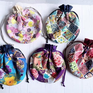 Small Japanese Drawstring Pouch – Kimono Fabric Round Bag | Made in Japan, Traditional Wagara, Travel Jewelry or Coin Purse