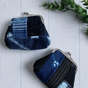 Handmade Indigo Patchwork Gamaguchi Coin Purse, Kiss Lock Coin Purse, Traditional Japanese Aizome Fabric,Japanese vintage,