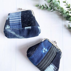 Handmade Indigo Patchwork Gamaguchi Coin Purse, Kiss Lock Coin Purse, Traditional Japanese Aizome Fabric,Japanese vintage,