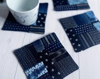 Japanese coasters, Indigo Dye Coasters (Set of 4), Vintage Japanese Fabric, boro, sashiko coasters,Japanese patchwork, vintage indigo,