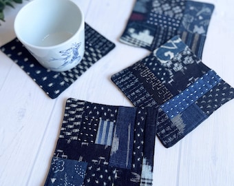 Japanese coasters, Indigo Dye Coasters (Set of 4), Vintage Japanese Fabric, boro, sashiko coasters,Japanese patchwork, vintage indigo,