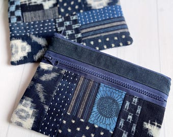 Vintage Japanese Indigo Patchwork Pouch - Handmade Double-Zipper Cosmetic Bag with Sashiko, Unique Gift,Japanese vintage,Japanese fabric,