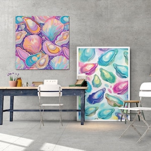 Meet Me At The Beach Oyster Shell Painting Colorful Pastel Abstract Coastal Beach House Wall Art Print Summer Dining Room Kitchen Print