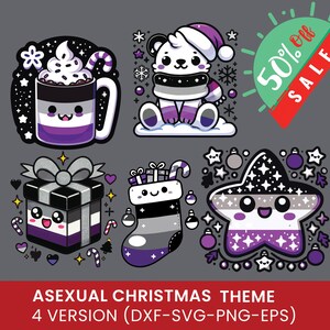 Pode incluir: Quatro designs diferentes de enfeites de Natal de orgulho assexual. Os designs incluem uma caneca de chocolate quente, uma caixa de presente, uma meia e uma estrela. Cada design apresenta as cores da bandeira do orgulho assexual, preto, branco e roxo.