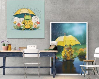 Frog with Umbrella Art Print, Kids Room Decor (Digital Download)