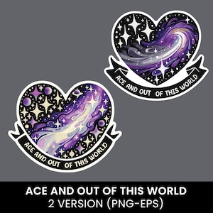 Puede incluir: Dos pegatinas en forma de corazón morado y negro con un diseño de galaxia y el texto "Ace and Out of This World".
