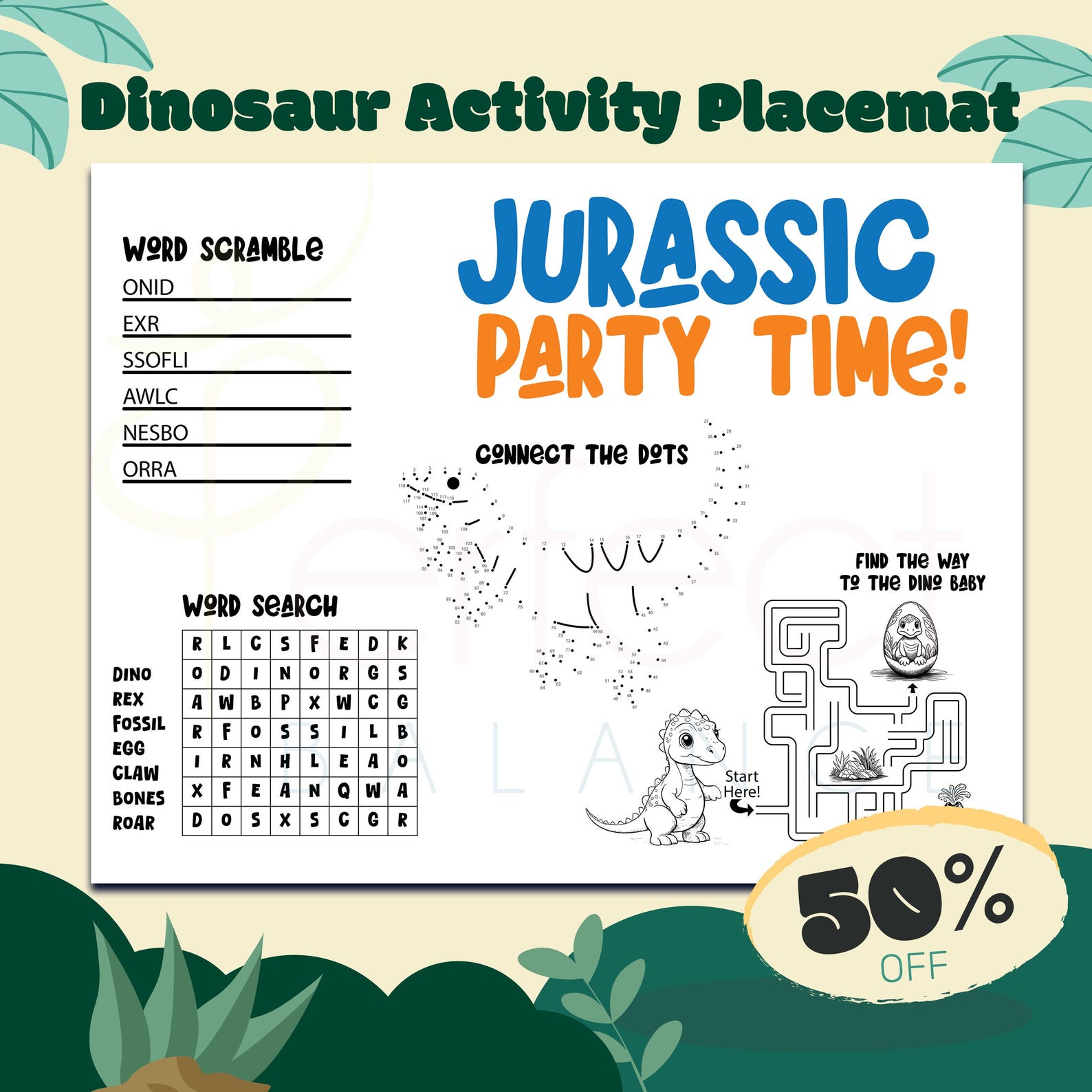 Dinosaur Activity Placemat: Kids Coloring Page, Maze, Word Games (PDF ...