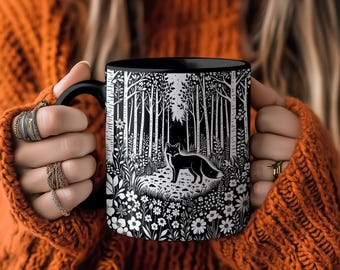Fox Linoprint Ceramic Coffee Mug: Forestcore Cottagecore Gift