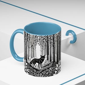 キツネのリノプリント フォレストコア セラミック コーヒーマグ | キツネグッズ | 動物好きへのギフト | 自然好きへのギフト | コーヒー好きへのギフト | コテージコア ギフト Light Blue